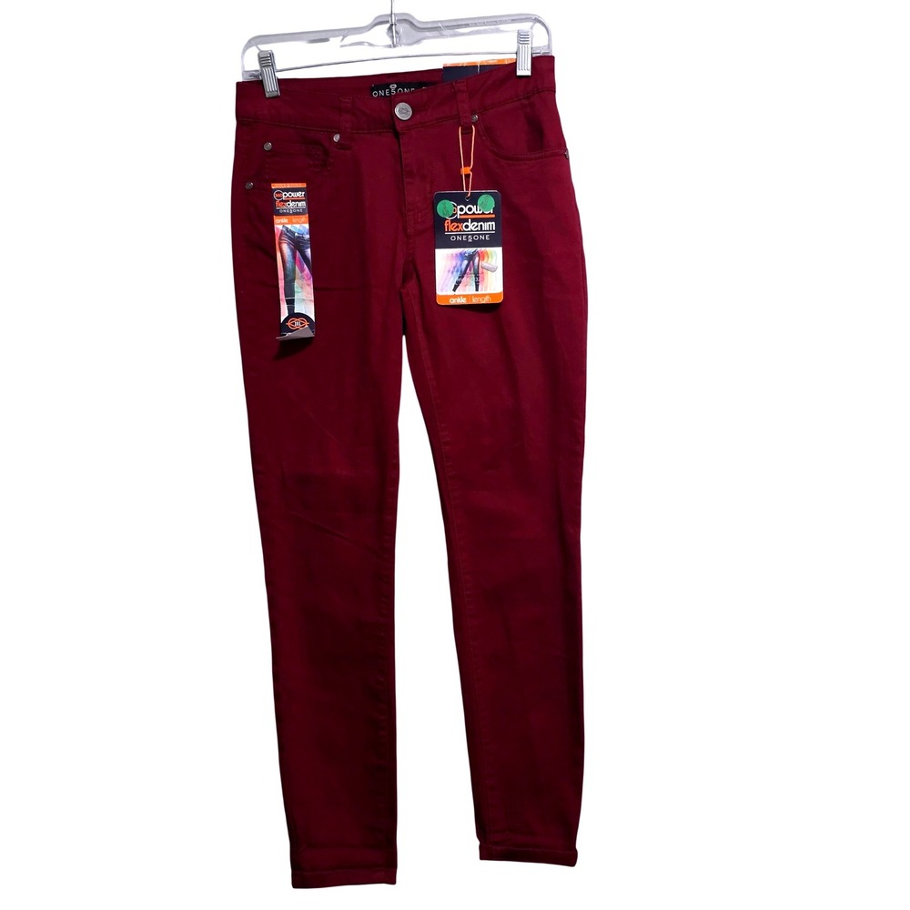 One5One 360 Power Flex Denim Skinny Jeans Burgundy Ankle Length Womens Sz 4 NWT